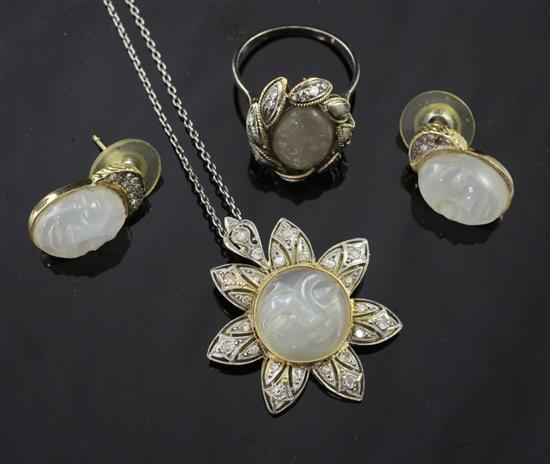 A gold, moonstone and diamond set flower head pendant brooch, together with a similar pair of earrings and a ring, brooch 1.25in.